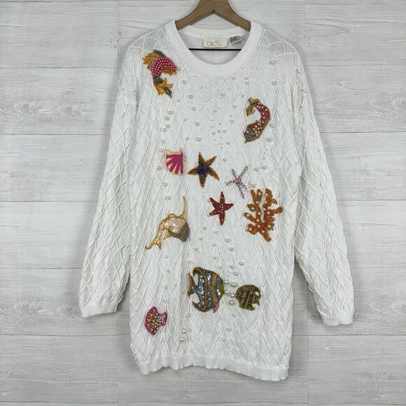 Vtg 90s Cache Handknit Sweater S Pearl Sequin Embellished Ramie Under the Sea - Picture 1 of 14